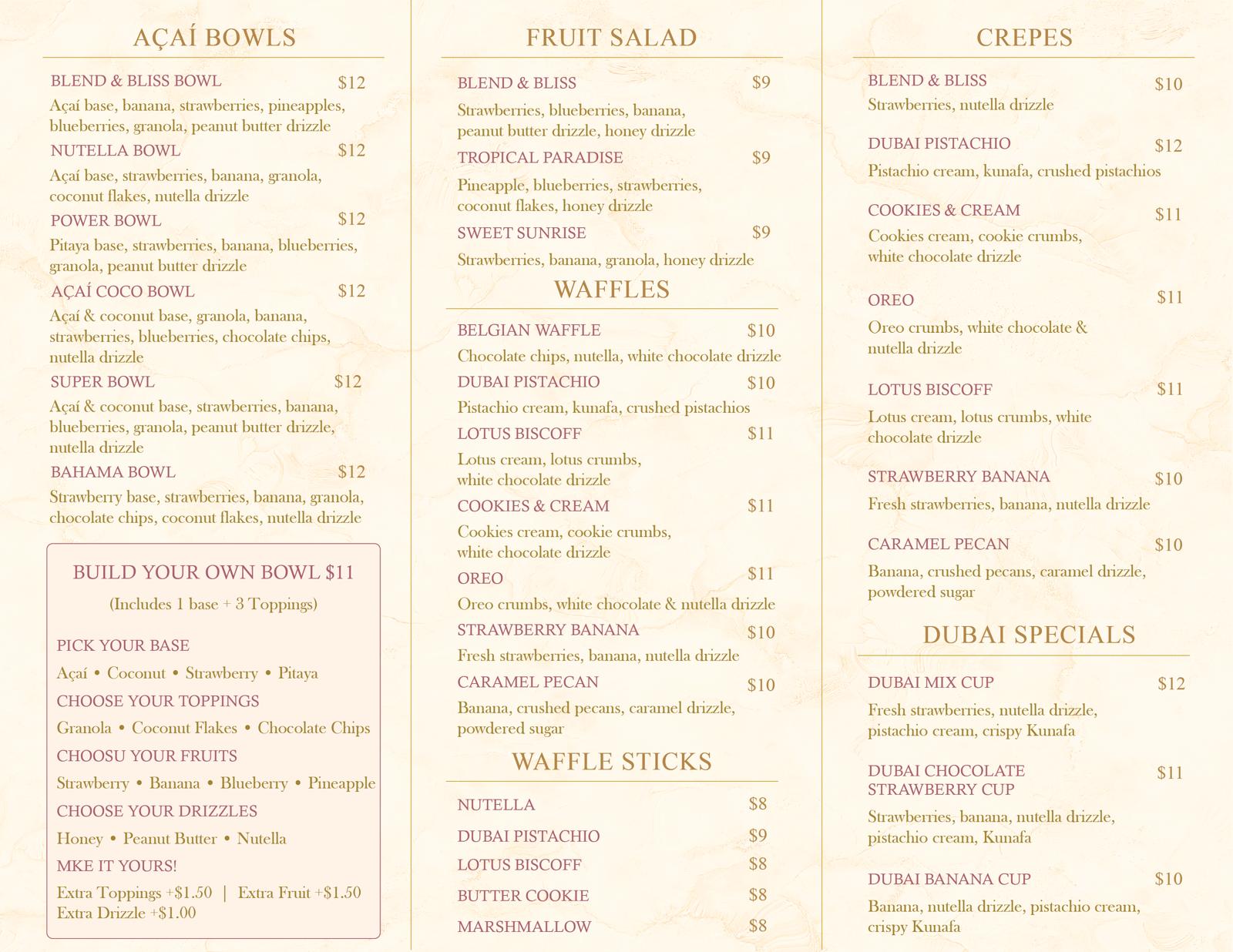 Blend & Bliss drinks menu with refreshers, coffee, lattes, matcha, smoothies, milkshakes, and fresh juice